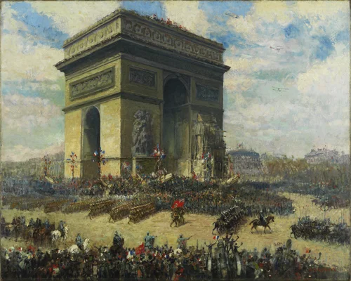 Des troupes canadiennes défilant devant l'Arc de Triomphe à Paris le 14 juillet 1919, lors du défilé de la victoire alliée.