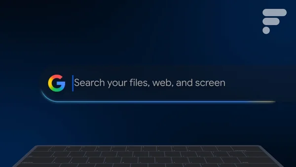 Barre de recherche de bureau Windows de Google avec l'invite de recherche 'Search your files, web, and screen' en mode sombre.