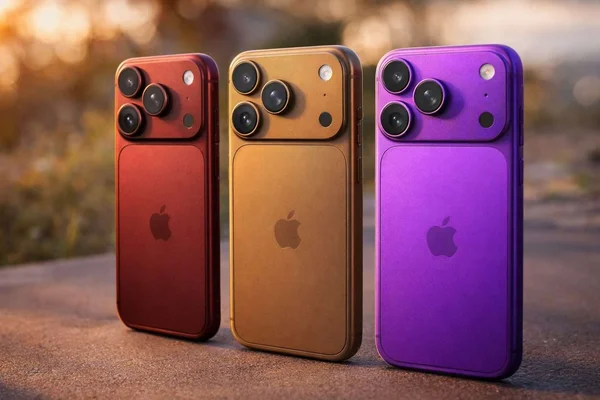 Rendu de trois iPhone 18 Pro dans des coloris rouge, or et violet selon des fuites récentes.