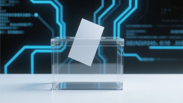Un bulletin de vote glissé dans une urne transparente, avec en arrière-plan flou des circuits électroniques et des lignes de code numériques bleues s'entremêlant