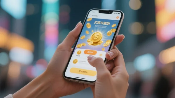 Premier plan d'une main tenant un smartphone affichant l'interface d'une application avec des pièces d'or et des boutons de récompense brillants, flou d'arrière-plan urbain
