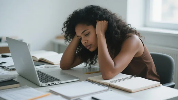 Une personne assise à un bureau encombré d'ordinateur et de cahiers, la tête posée dans les mains, exprimant un épuisement profond, lumière naturelle tamisée filtrant à travers une fenêtre