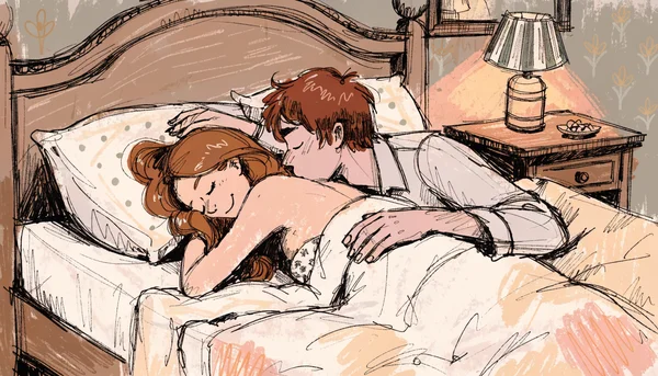 Couple nu allongé sur un lit, le partenaire explore lentement la peau du dos de la femme avec la main et les lèvres, lumière tamisée