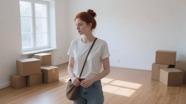 Jeune adulte debout au milieu d'un appartement vide avec ses cartons de déménagement, lumière naturelle entrant par une grande fenêtre, sol en plancher clair