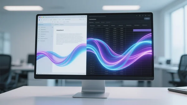 Vue rapprochée d'un écran d'ordinateur moderne affichant une interface de traitement de texte et un tableur, avec des ondes lumineuses et colorées symbolisant une intelligence artificielle fluide reliant les deux applications, lumière douce de bureau