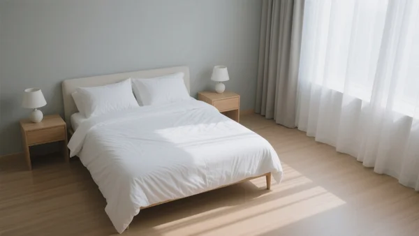 Chambre à coucher vue en plongée avec un lit parfaitement fait en lin blanc, tables de nuit épurées et lumière naturelle filtrée par les rideaux