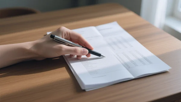 Premier plan d'une main tenant une facture d'électricité ouverte et un stylo posé sur une table en bois, lumière naturelle de fenêtre