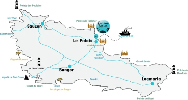Carte illustrative présentant différents itinéraires pour faire le tour de Belle-Île en voiture.