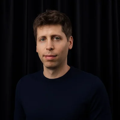 Sam Altman en pull bleu marine posant devant un fond noir.
