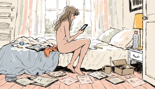 Une personne seule assise sur le bord d'un lit défait, regardant fixement un smartphone éteint dans sa main, ambiance matinale mélancolique
