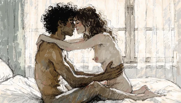 Pénétration vaginale en position Yab-Yum, homme et femme nus, corps fusionnés et enlacés, visages très proches