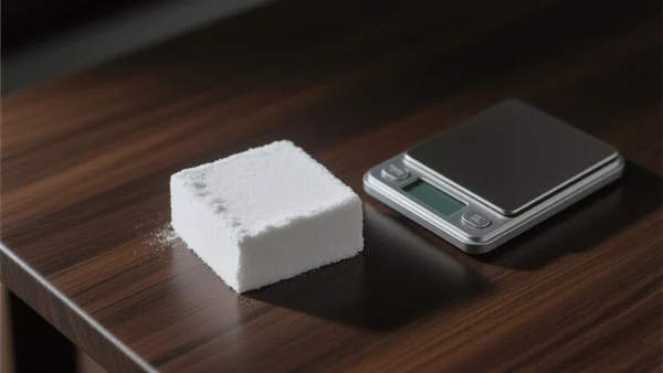 Gros plan sur un bloc compact de poudre blanche posé sur une table en bois sombre, avec une balance de précision numérique à côté, éclairage froid et contrasté