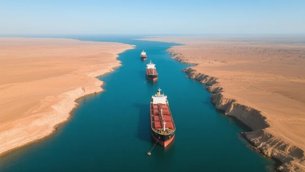 Vue aérienne d'un détroit maritime étroit bordé de côtes arides, avec plusieurs pétroliers immobiles à l'ancre sous un ciel clair