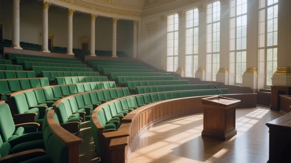 Intérieur de l'hémicycle de l'Assemblée nationale français, éclairage solaire direct à travers les baies vitrées, rangées de sièges verts vides et bureau du président