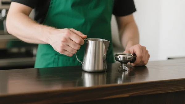 Vue rapprochée de mains de barista en tablier vert préparant un café avec précision derrière un comptoir en bois, éclairage naturel et chaleureux de café
