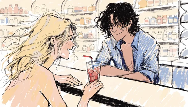 Intérieur de pharmacie moderne avec une femme parlant à un pharmacien au comptoir, étagères de médicaments en arrière-plan, lumière naturelle