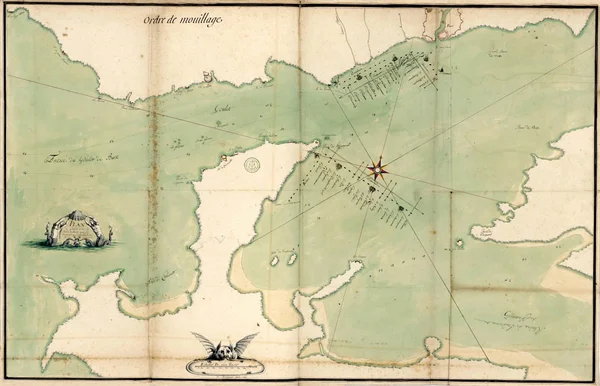 Plan des défenses du goulet et de la rade de Brest en 1692, une carte marine ancienne détaillant les zones d'ancrage.
