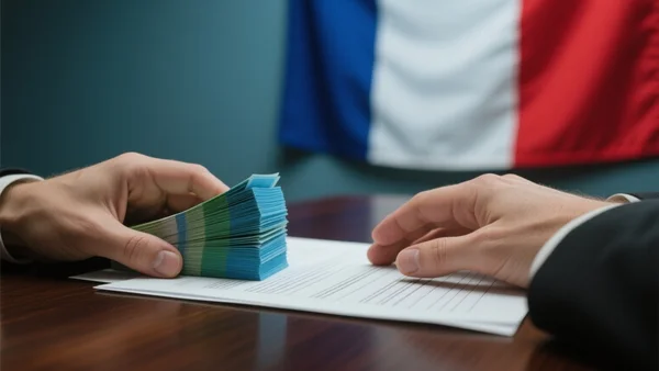 Vue rapprochée de mains manipulant des piles de billets de banque et des titres financiers sur un bureau sombre, avec un drapeau français flou en arrière-plan, éclairage contrasté