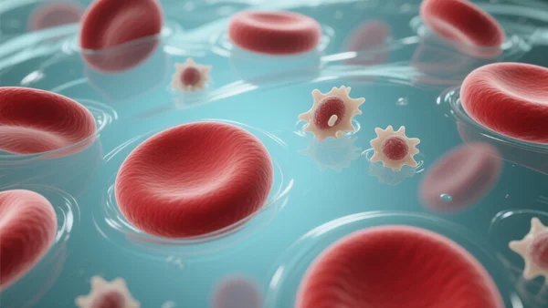 Vue microscopique de cellules sanguines humaines, globules rouges sains et altérés par la bêta-thalassémie flottant dans un plasma, éclairage de laboratoire