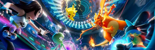 Combat intense dans un stade futuriste impliquant une dresseuse et des Pokémon populaires comme Pikachu et Charizard.