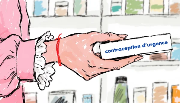 Plan serré sur une main tenant une boîte blanche de pilule du lendemain avec les mots 'contraception d'urgence' visibles, flou d'arrière-plan d'une pharmacie