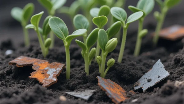 Vue rapprochée de plantes vertes et vigoureuses poussant à travers un sol terreux et sombre, avec des fragments de métal rouillé et des débris de guerre partiellement enterrés dans la terre autour des racines