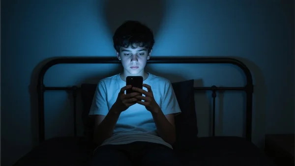 Main d'un adolescent tenant un smartphone dans une chambre sombre, écran brillant illuminant le visage, lumière froide bleutée, ambiance isolée et oppressante