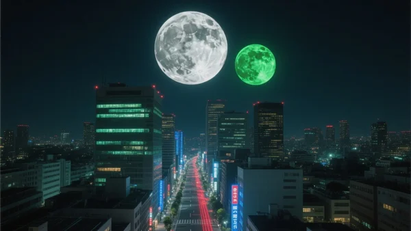 Ciel nocturne avec deux lunes, la première grande et blanche classique, la seconde petite et verte nette, au-dessus d'une ville urbaine japonaise la nuit