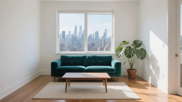 Intérieur lumineux d'un petit studio moderne avec canapé en velpeau, table basse en chêne et grande fenêtre ouverte sur la ville