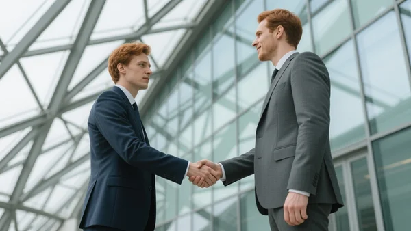 Deux poignées de main se serrent devant un fond architectural moderne en verre et acier, lumière naturelle diffusant à travers une grande baie vitrée, ambiance professionnelle et solennelle