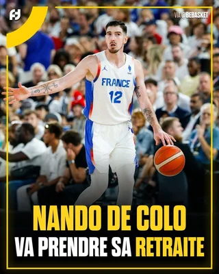 Nando De Colo avec le maillot de l'équipe de France et un ballon, encadré par un texte sur sa retraite.