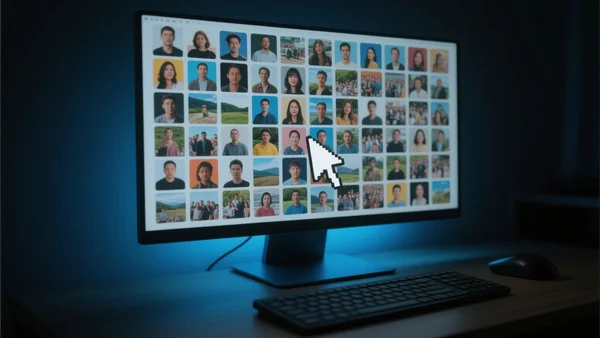 Gros plan sur un écran d'ordinateur dans une pièce sombre, affichant une grille dense de miniatures de photos personnelles variées, avec un curseur de souris survolant l'une d'elles, lumière bleutée provenant de l'écran