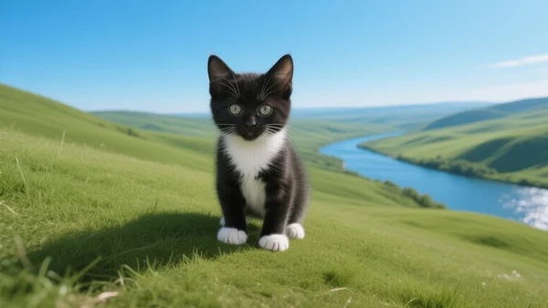 Un petit chaton noir et blanc debout face à un paysage immense et verdoyant, avec une rivière scintillante au loin sous un ciel clair