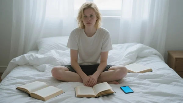 Jeune adulte assis sur un lit défait en début de matinée, regard perdu dans le vide, entouré de livres ouverts et d'un smartphone allumé, lumière naturelle filtrant par les rideaux