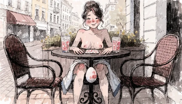 Femme nue portant un œuf vibrant connecté sous sa jupe, assise à une terrasse de café en ville, son téléphone posé sur la table devant elle