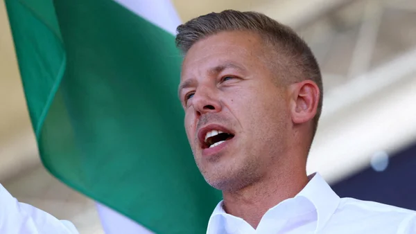 Péter Magyar s'exprimant lors d'un événement public devant un drapeau aux couleurs de son parti.