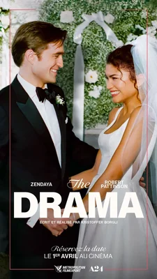 Affiche officielle de The Drama avec Zendaya et Robert Pattinson en tenue de mariage, réalisé par Kristoffer Borgli.
