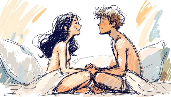 Un jeune homme et une jeune femme nus, assis face à face sur un lit, se tenant les mains et se regardant intensément dans les yeux avec une expression de confiance et de vulnérabilité