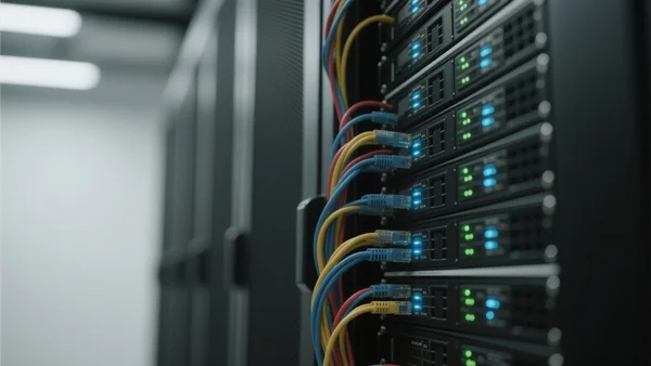 Gros plan sur un serveur informatique dans un centre de données sombre, avec des lumières LED bleues et vertes clignotantes et des câbles réseau organisés, vue en perspective