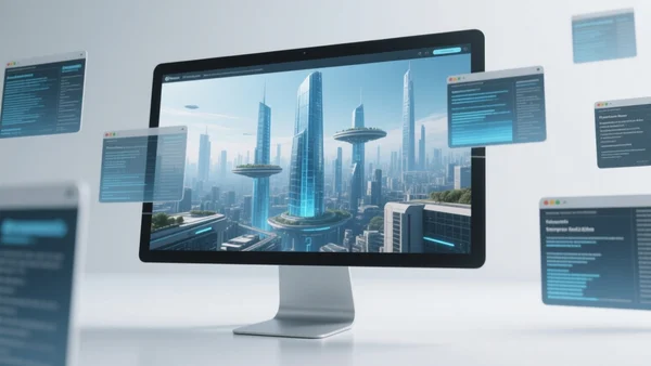 Un écran d'ordinateur moderne affichant une interface de génération d'images où une image réaliste d'une ville futuriste se construit progressivement, entourée de petites fenêtres de navigation web ouvertes avec des flux de données et des articles d'actualité