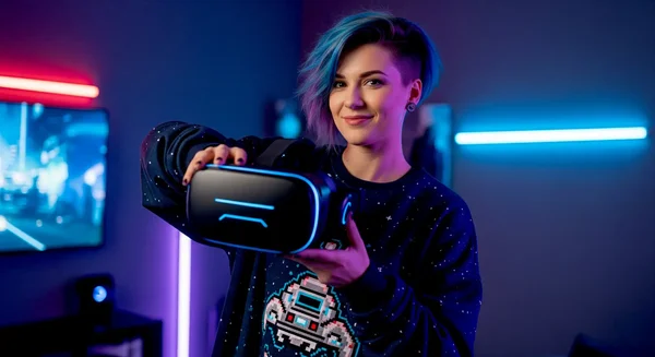 Un gamer aux cheveux colorés tient un casque de réalité virtuelle dans une pièce aux néons.