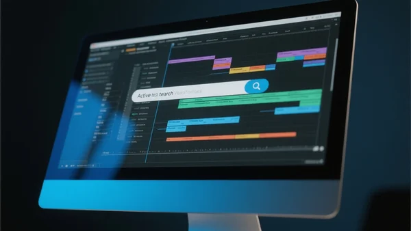 Vue rapprochée d'un écran d'ordinateur affichant une interface de montage vidéo moderne avec plusieurs pistes temporelles et une barre de recherche textuelle active, éclairage tamisé de studio avec des reflets bleutés