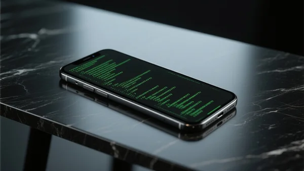 Gros plan sur un smartphone posé sur une table sombre, l'écran affichant des lignes de code informatique vert fluo qui défilent, avec un éclairage dramatique et contrasté