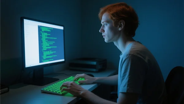 Personne assise dans un environnement sombre, regardant un écran d'ordinateur affichant un code ou des données défilantes, lumière bleue du écran éclairant le visage, atmosphère de cybersécurité