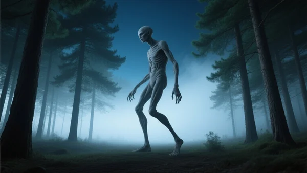 Une silhouette humanoïde aux membres anormalement longs et déformés, se tenant debout dans la pénombre d'une forêt de pins sous un ciel nocturne brumeux, vue de trois-quarts