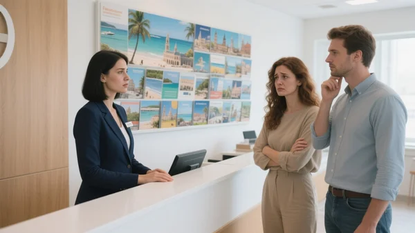 Vue intérieure d'une agence de voyage avec un conseiller discutant avec un couple inquiet devant des dépliants de vacances