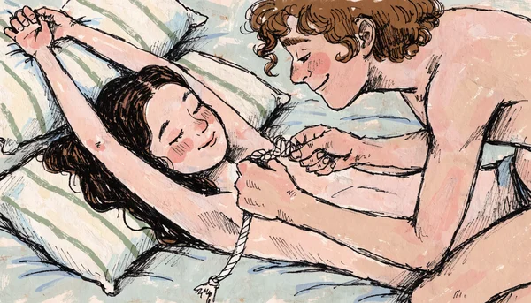 Gros plan sur des mains nouant une corde en coton autour de deux poignets nus, illustrant un lien à double colonne