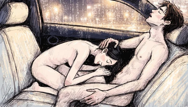 Fellation, femme nue à genoux devant son partenaire nu dans une voiture aux vitres embuées, intérieur de voiture nocturne