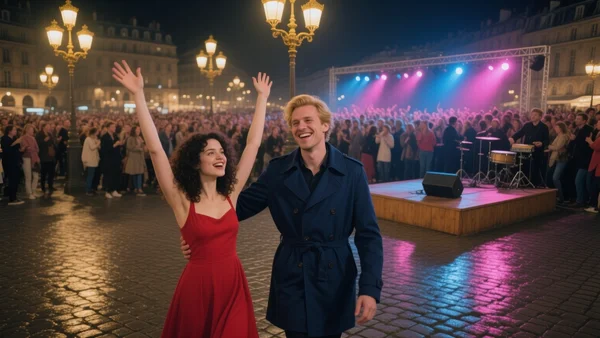 Foule dense et joyeuse dansant sur une place pavée de Paris la nuit devant un petit scène de musique, lumières des réverbères et ambiance festive