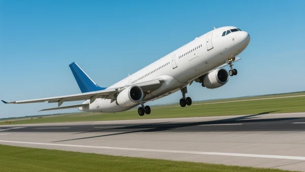 Avion de ligne d'une compagnie européenne décollant d'une piste sous un ciel bleu dégagé